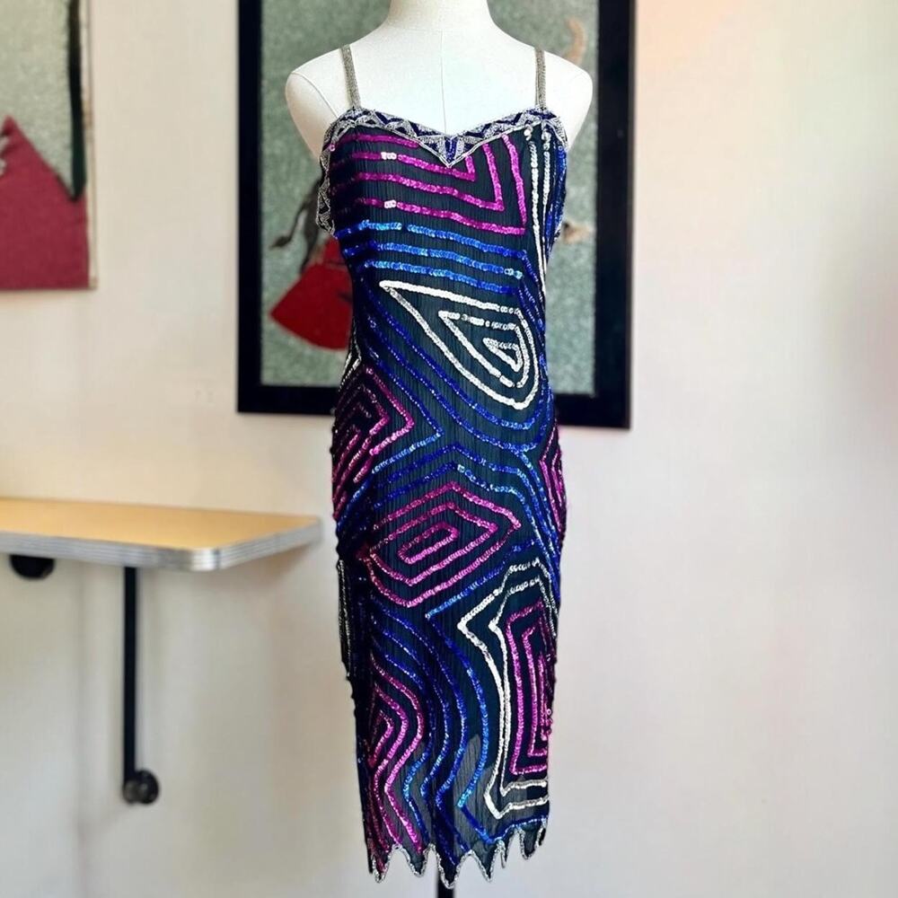 Vintage 90s Beaded Silk Slip Dress | Caché Sequin Mini Geometric Y2K Clubwear M